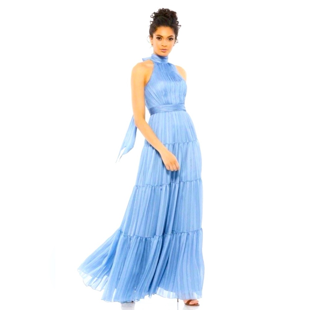 *Mac Duggal 49515 Slate Blue Tie Neck Tiered Halter Gown Size 2 Style# 49515